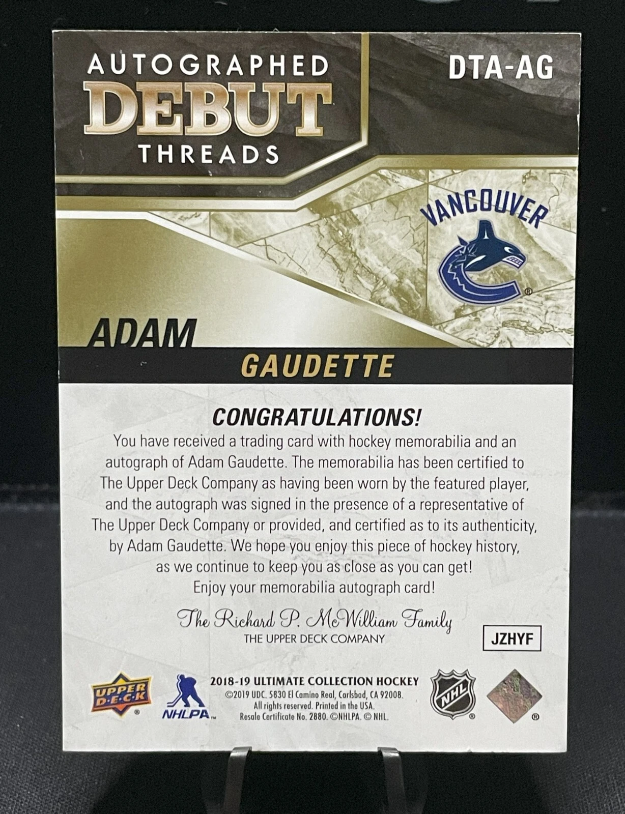 2018-19 UD Ultimate Collection Auto Debut Threads Adam Gaudette /99 RC #DTA-AG - Image 2