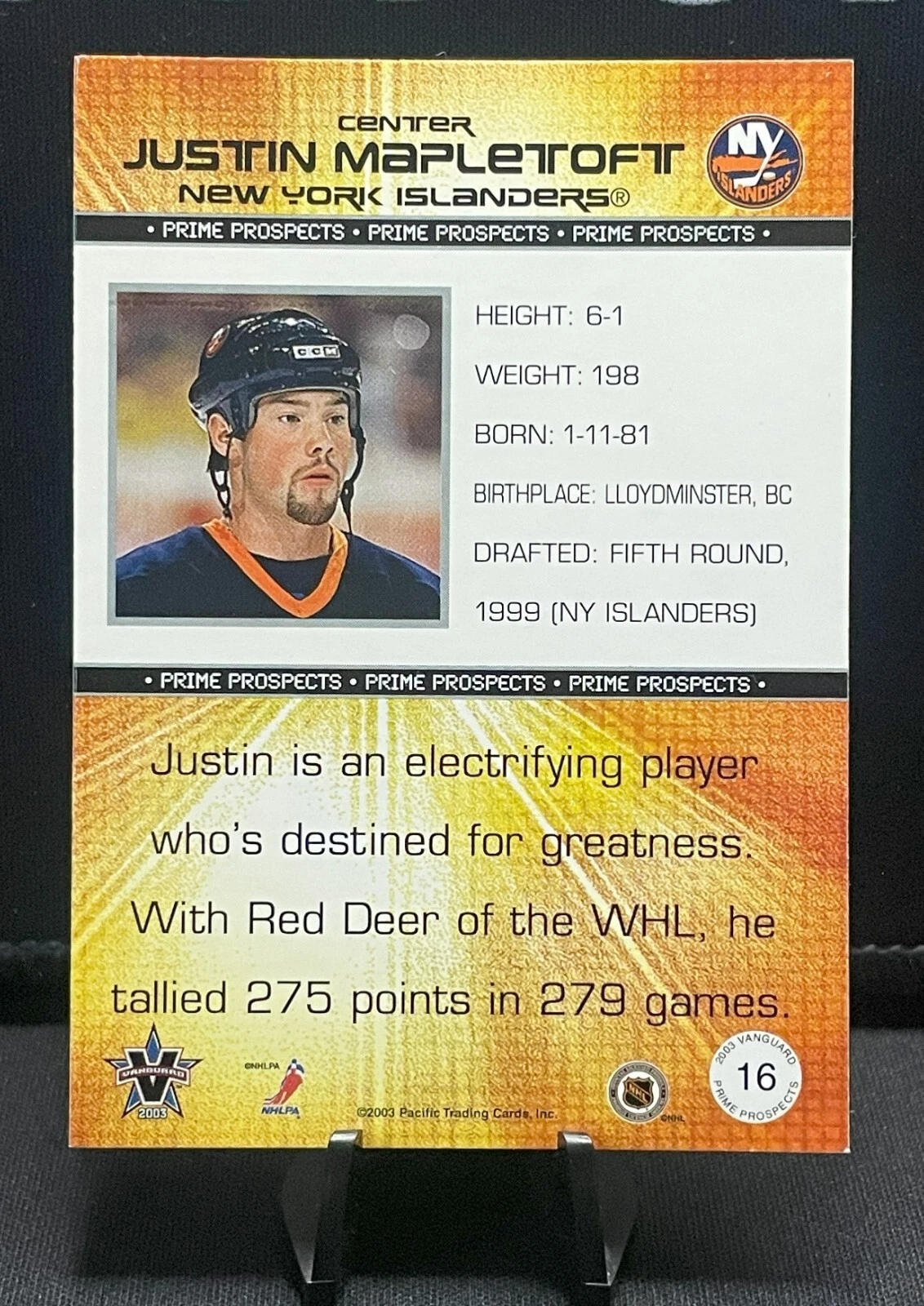 2002-03 Pacific Vanguard Prime Prospects #16 Justin Mapletoft RC - Islanders - Image 2