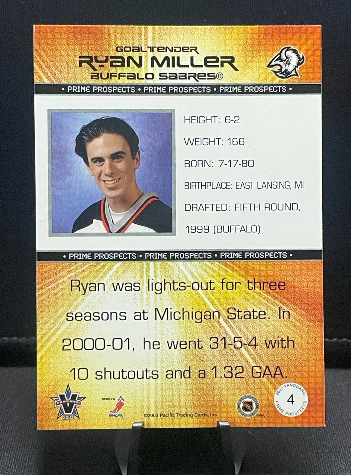 2002-03 Pacific Vanguard Prime Prospects Ryan Miller #4 Rookie RC - Sabers - Image 2