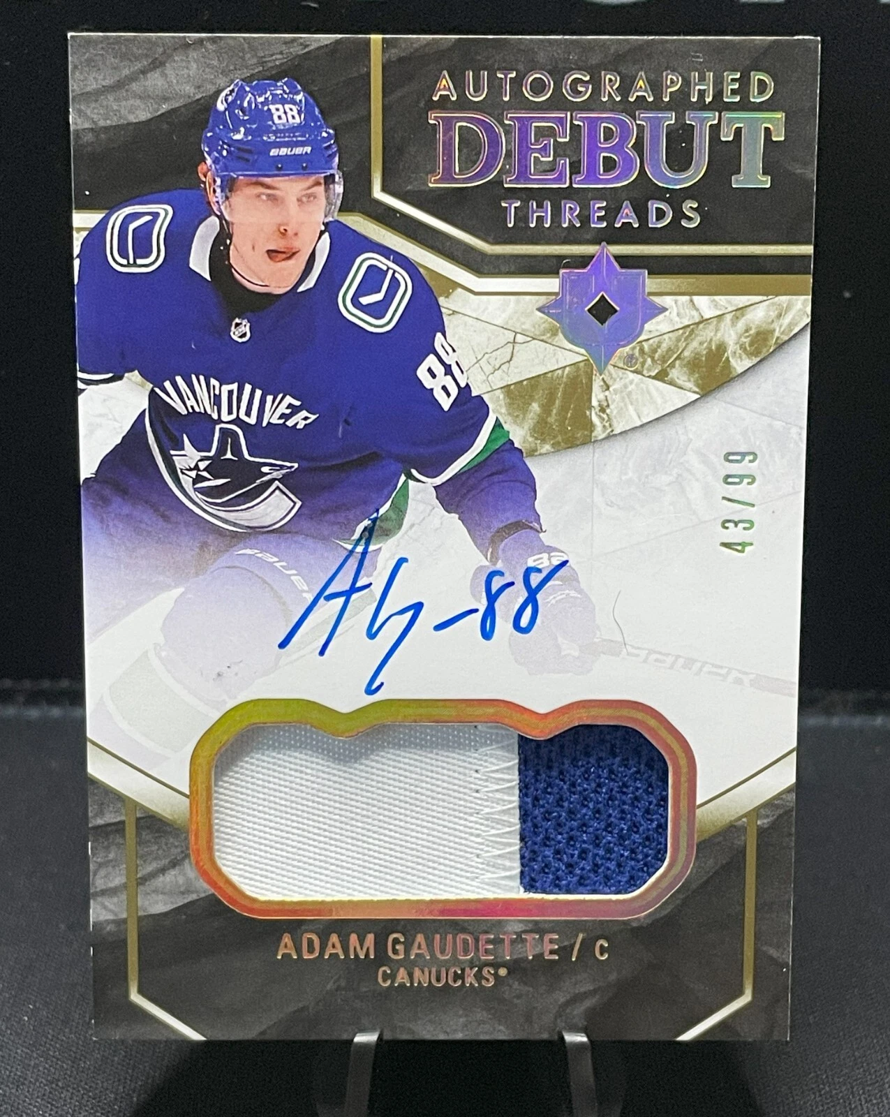 2018-19 UD Ultimate Collection Auto Debut Threads Adam Gaudette /99 RC #DTA-AG