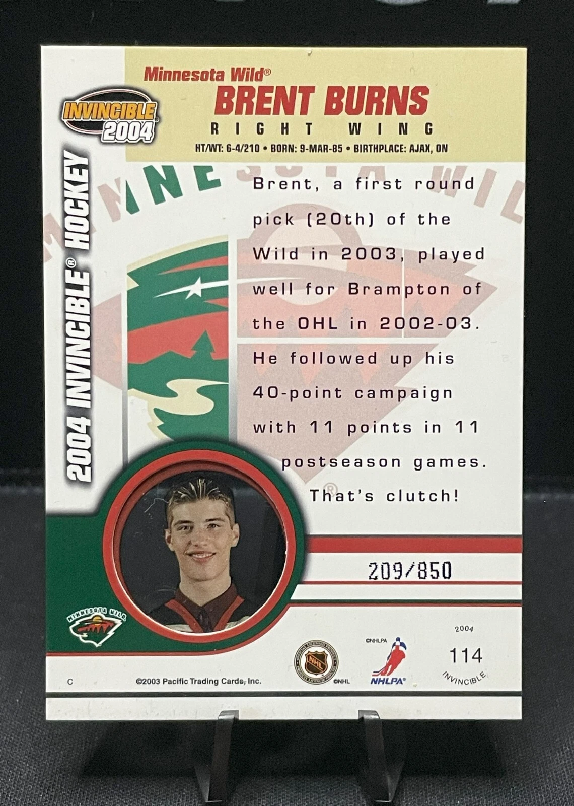 2003-04 Pacific Invincible Red #114 Brent Burns 209/850 Minnesota Wild - Image 2